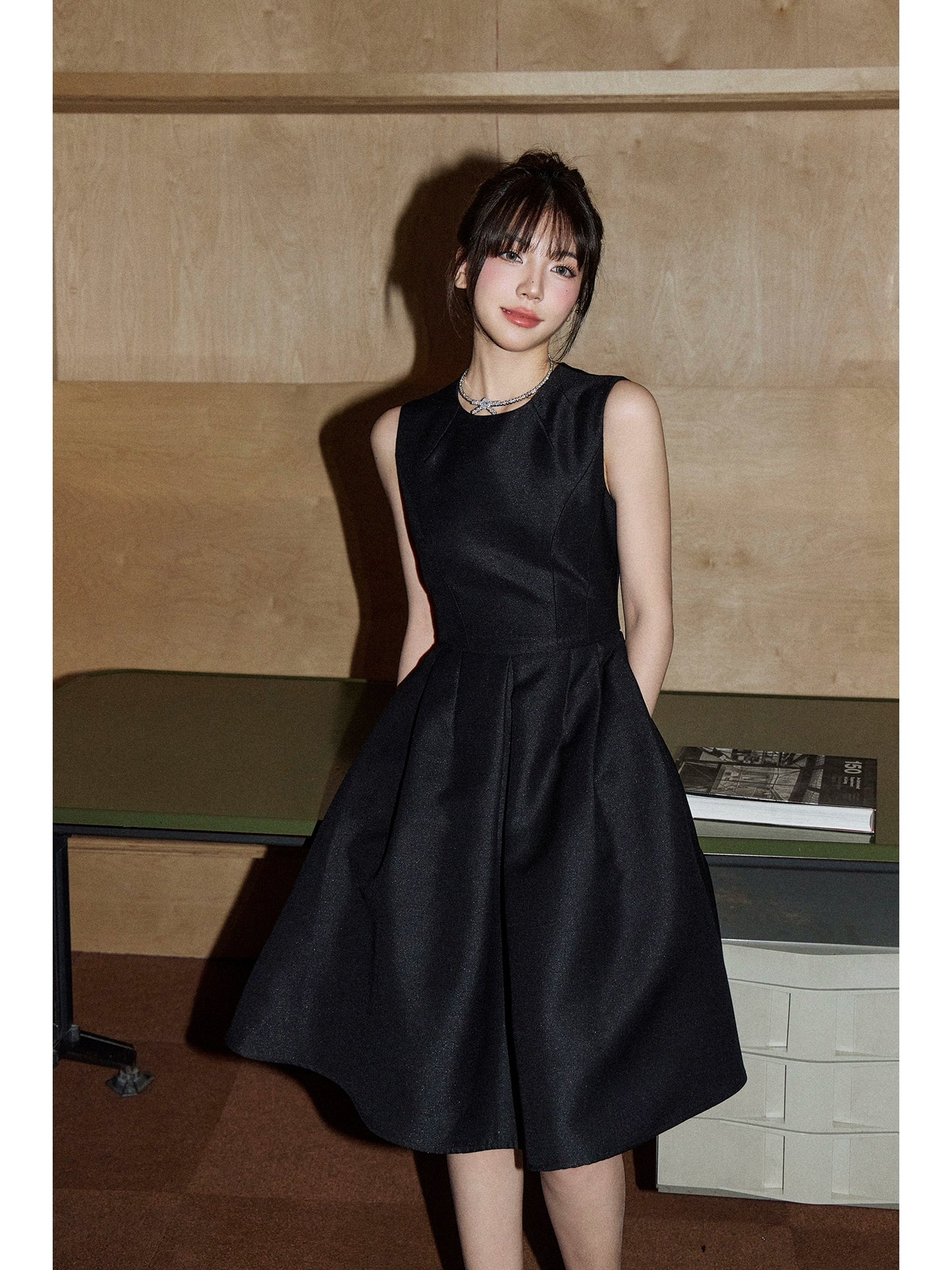 ノースリーブウエストヘップバーンスカートフレンチドレス